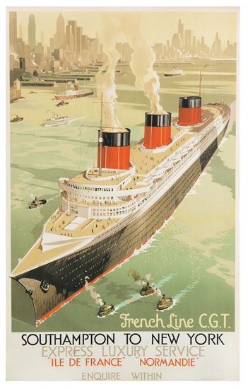 DESIGNER UNKNOWN. FRENCH LINE C.G.T. / SOUTHAMPTON TO NEW YORK [NORMANDIE.] Circa 1936. 39x24 inches, 100x63 cm.